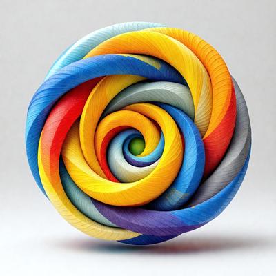 The primary subject of the image is a colorful, swirling, and spiral-shaped sculpture made of yarn. The sculpture is placed on a white surface, which serves as the background. The visual style of the image is a combination of digital art and illustration, as the swirling pattern and vibrant colors create a dynamic and eye-catching display. The dominant colors in the image are yellow, blue, and red, which contribute to the spiral's vibrant and lively appearance
